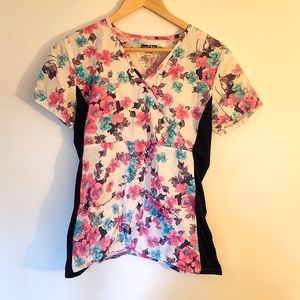 Pink and Blue Floral White Scrub Top Stretch Sides